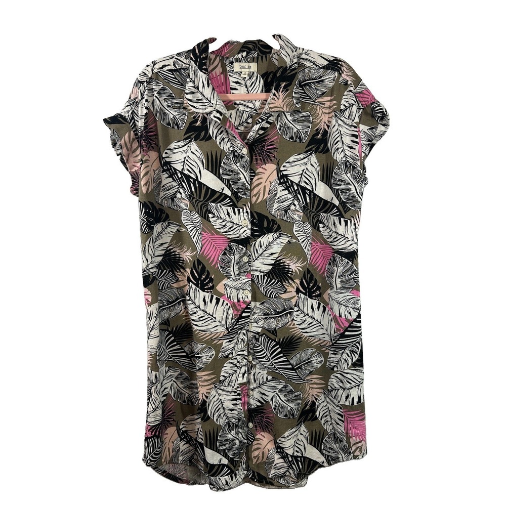 Per Se Linen Viscose Botanical Leaf Button Front Dress Tunic Size S Resortwear